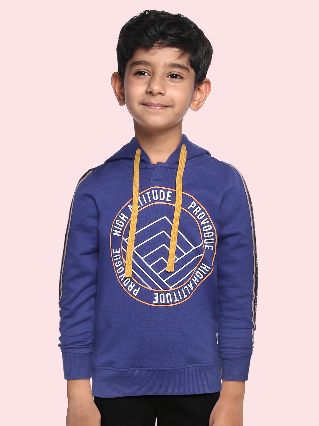 

Provogue Boys Navy Blue & Yellow Cotton Brand Logo Print Hooded Sweatshirt