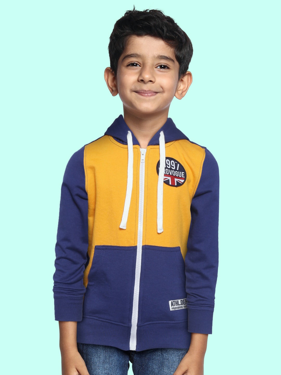 

Provogue Boys Orange & Navy Blue Cotton Colourblocked Hooded Sweatshirt