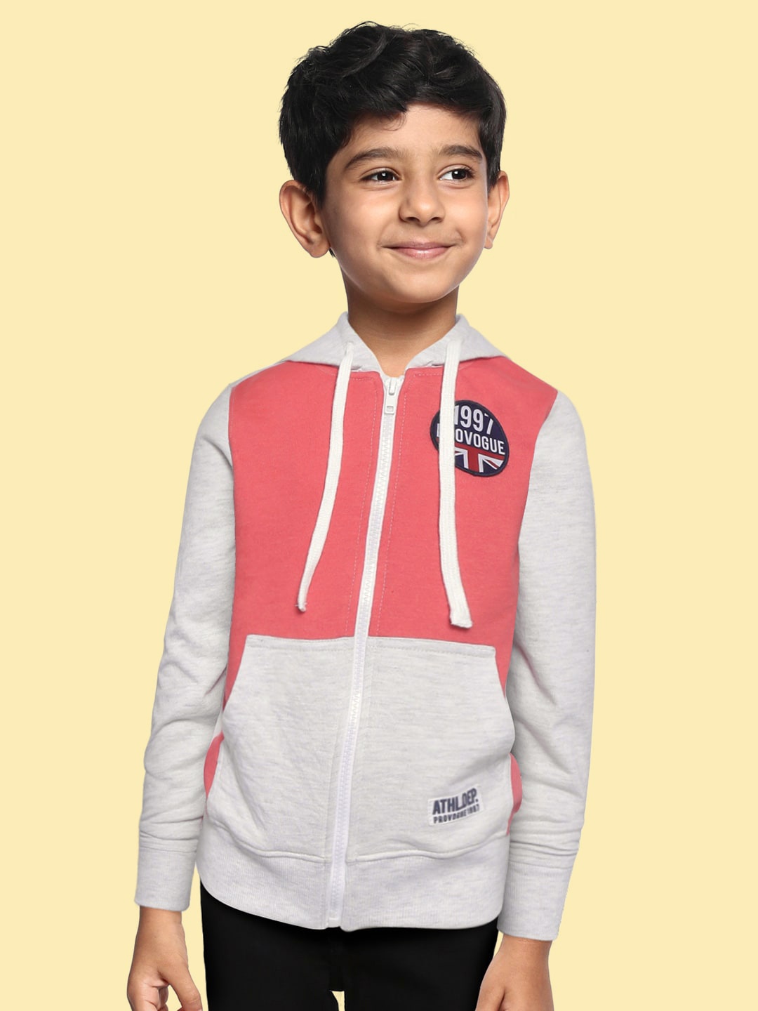 

Provogue Boys Grey Melange & Pink Cotton Colourblocked Hooded Sweatshirt