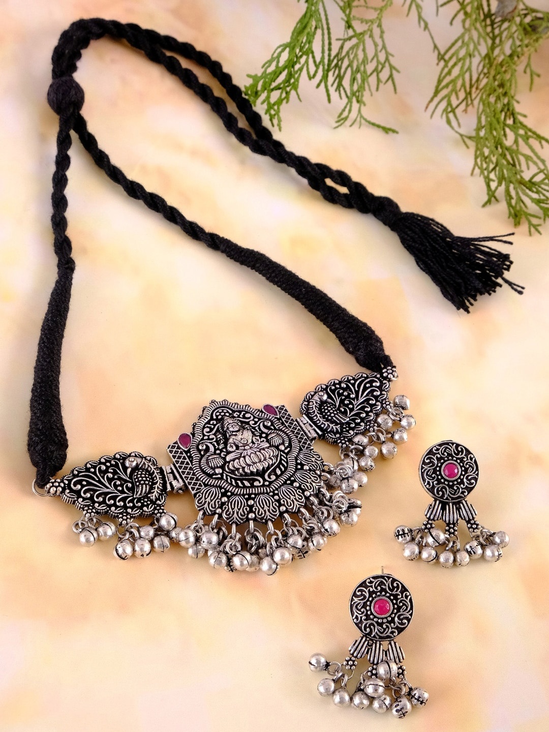 

Crunchy Fashion Silver-Plated Oxidised Temple Jewellery Set