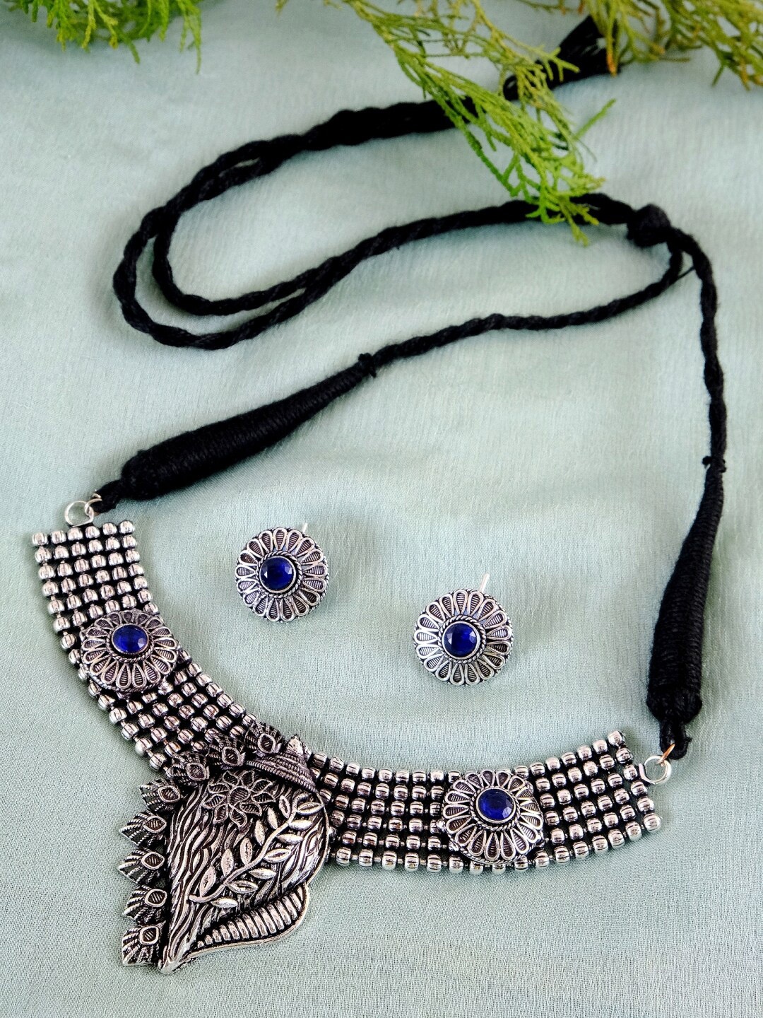 

Crunchy Fashion Oxidised Silver-Plated Blue Stone-Studded Antique Jewellery Set