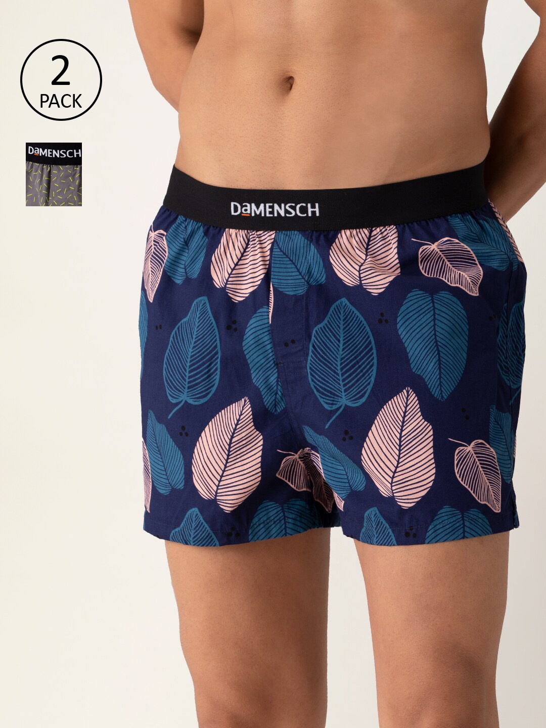 

DAMENSCH Men Breeze Pack of 2 Printed Ultra-Light Cotton Inner Boxers DAM-PRIN-SBX-RIB-ABG, Blue