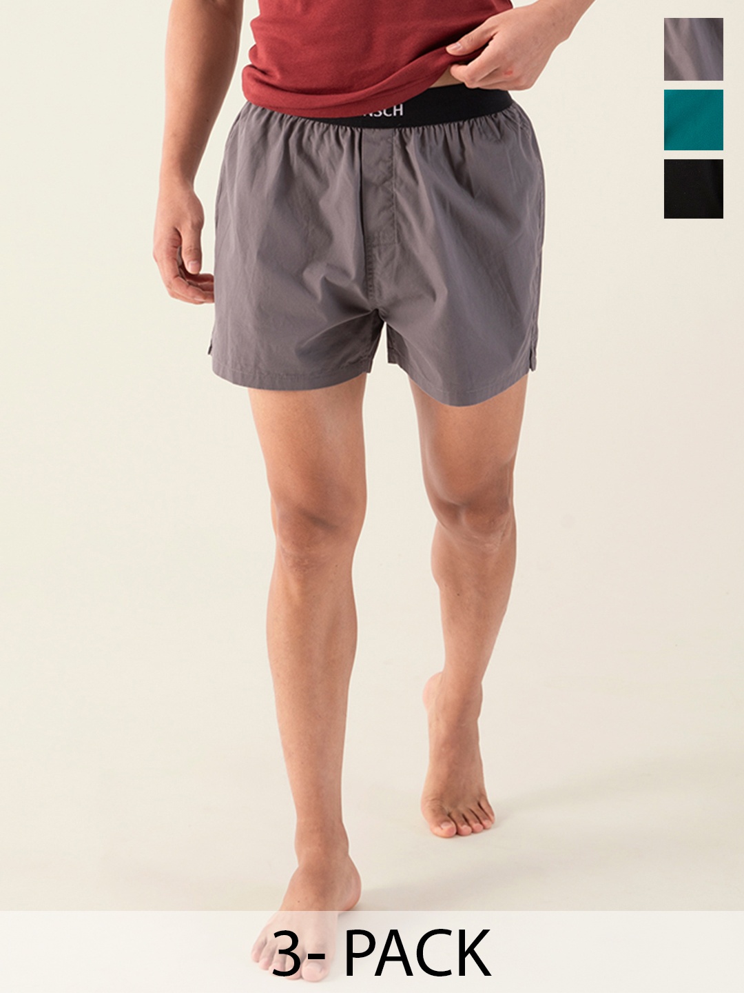 

DAMENSCH Men Pack Of 3 Solid Ultra-light Everyday Pure Cotton Boxers, Black
