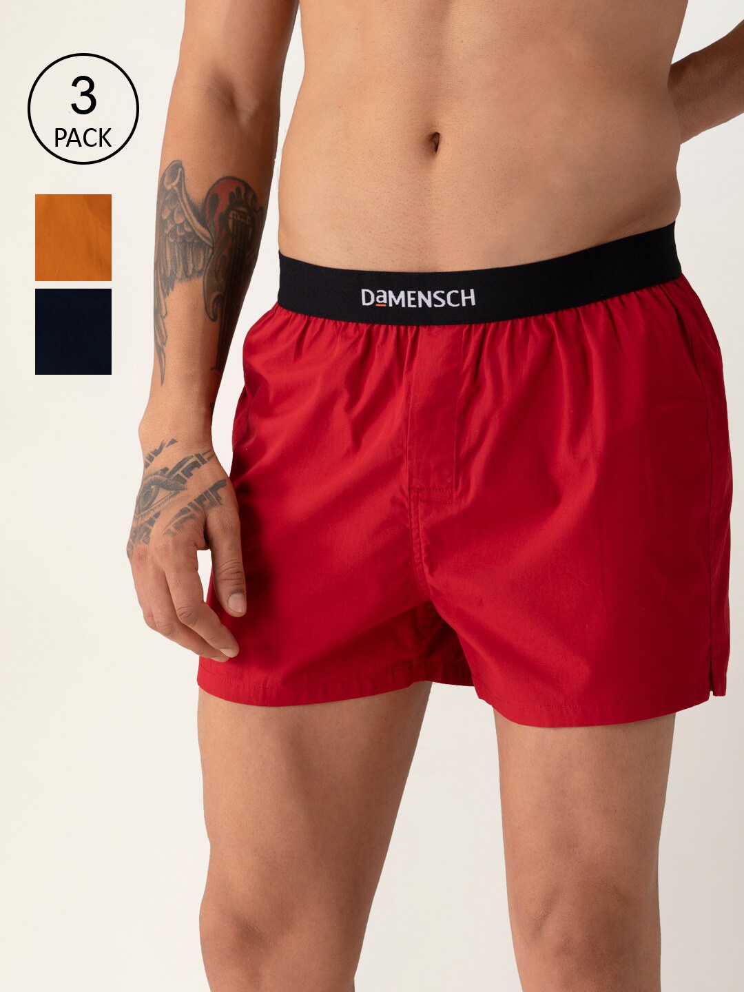 

DAMENSCH Men Pack Of 3 Solid Pure Cotton Boxers, Red