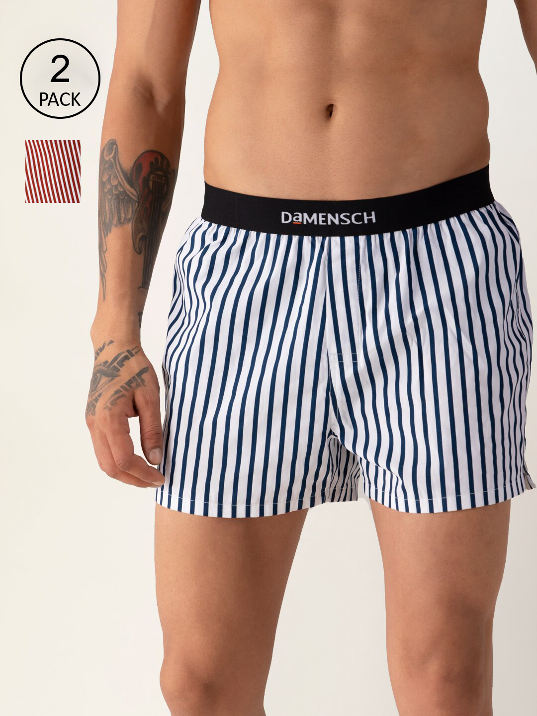 

DAMENSCH Men Pack Of 2 Striped Pure Cotton Boxers DAM-STP-SBX-CSW-CR, White