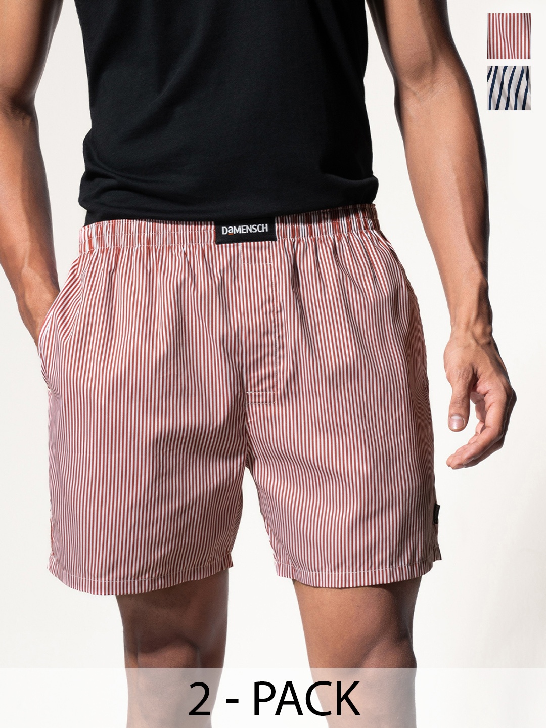 

DAMENSCH Men Pack of 2 Striped Ultra-Light Cotton Boxer Shorts - DAM-STP-LBX-CSW-CR, Red