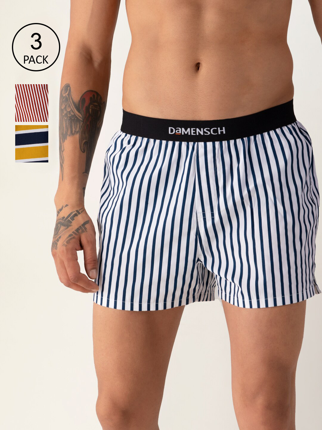 

DAMENSCH Men Pack of 3 Striped Ultra-Light Cotton Regular Fit Inner Boxer, Brown