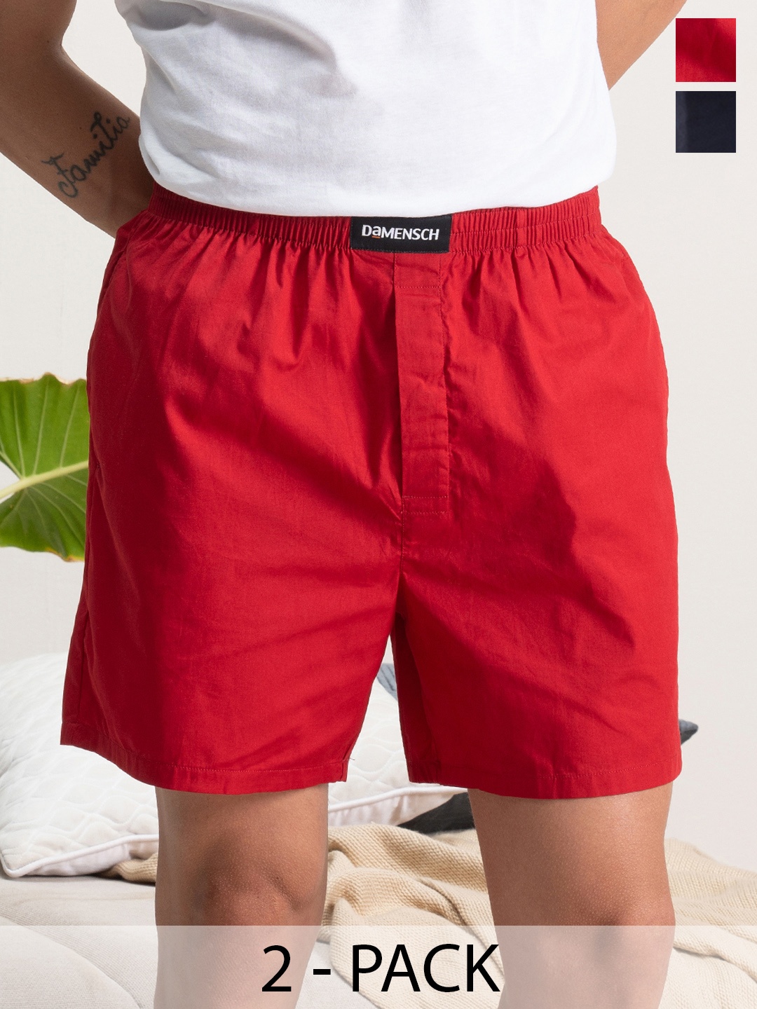 

DAMENSCH Men Breeze Pack of 2 Solid Ultra-Light Cotton Boxer Shorts DAM-SLD-LBX-CLB-LOW, Red