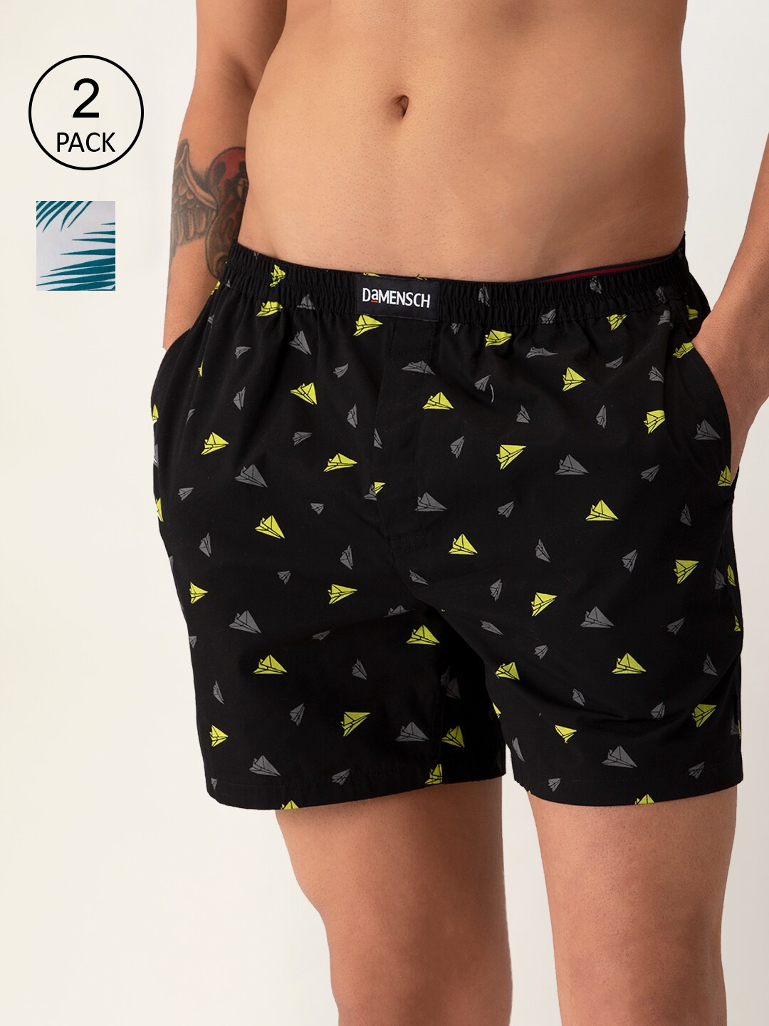 

DAMENSCH Men Breeze Pack of 2 Printed Ultra-Light Cotton Boxer Shorts DAM-PRIN-LBX-TUW-SYB, Black