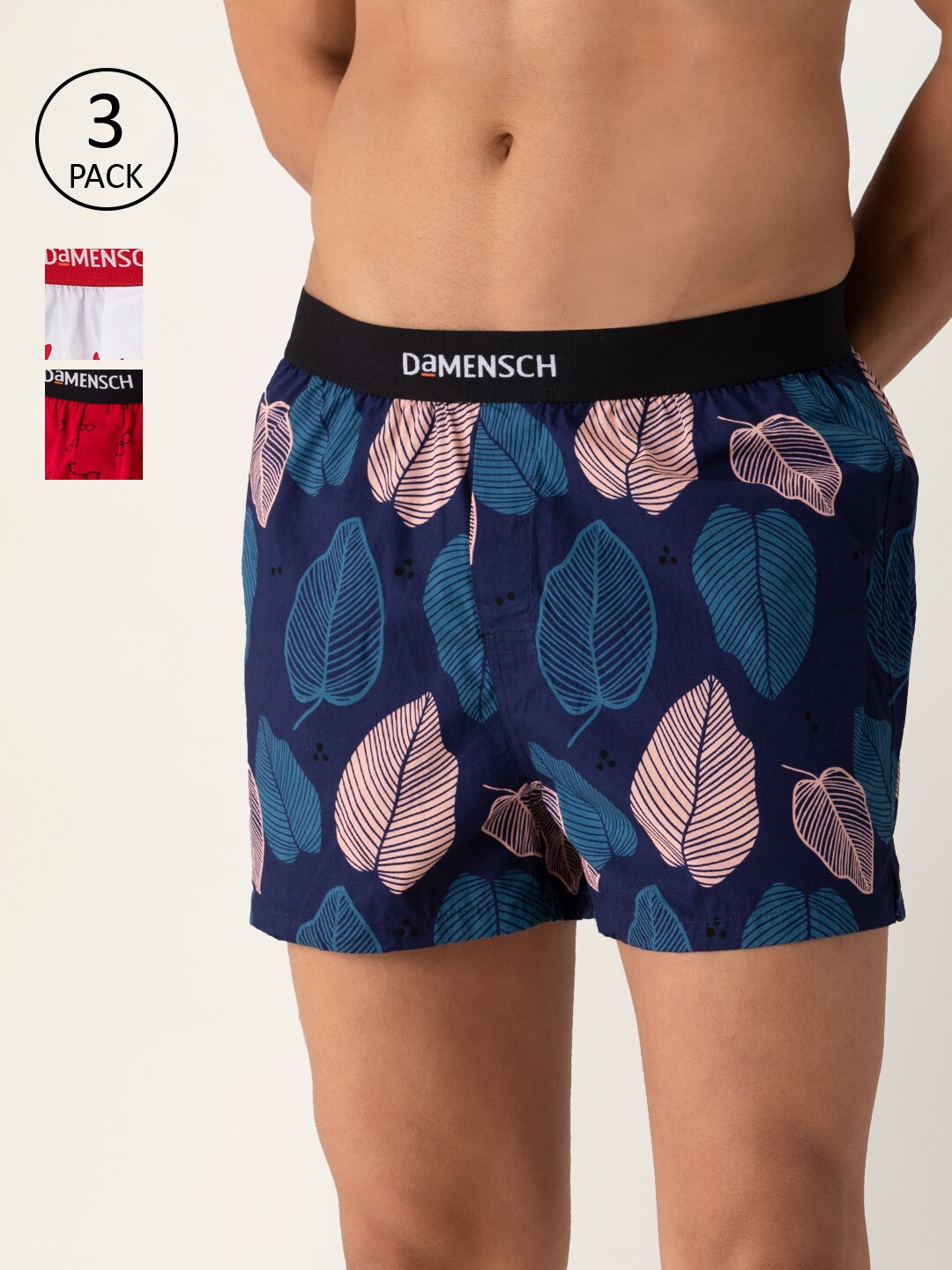 

DAMENSCH Men Pack Of 3 Printed Pure Cotton Boxers, Blue