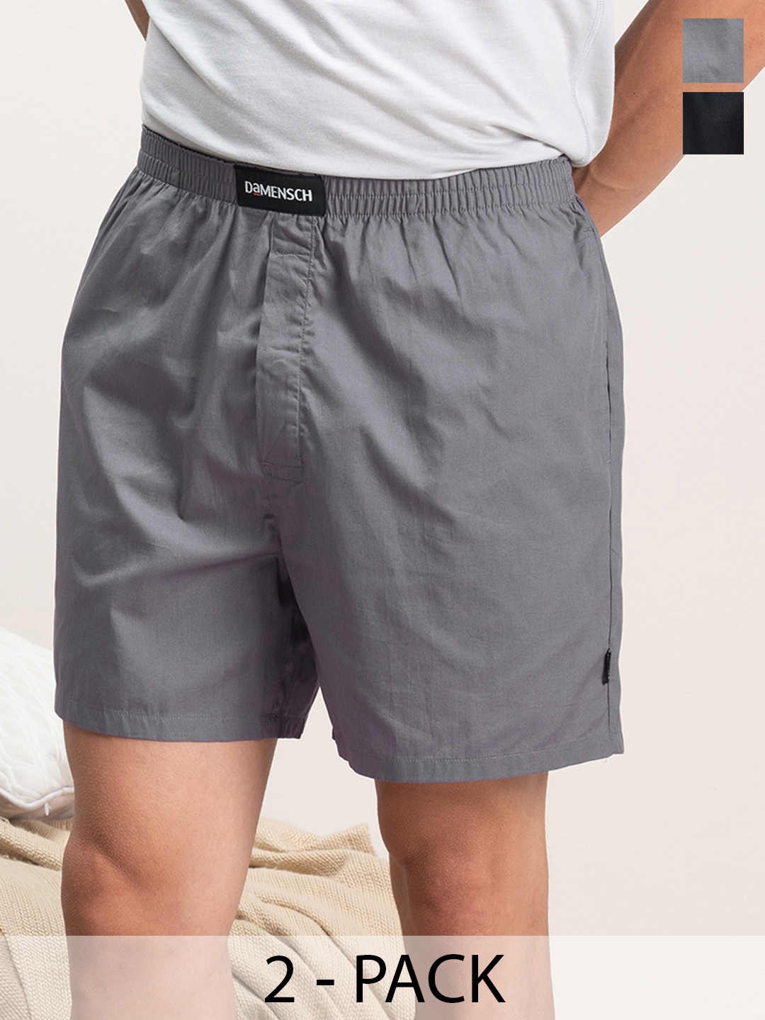 

DaMENSCH Men Pack of 2 Pure Cotton Regular Fit Boxer Shorts, Black
