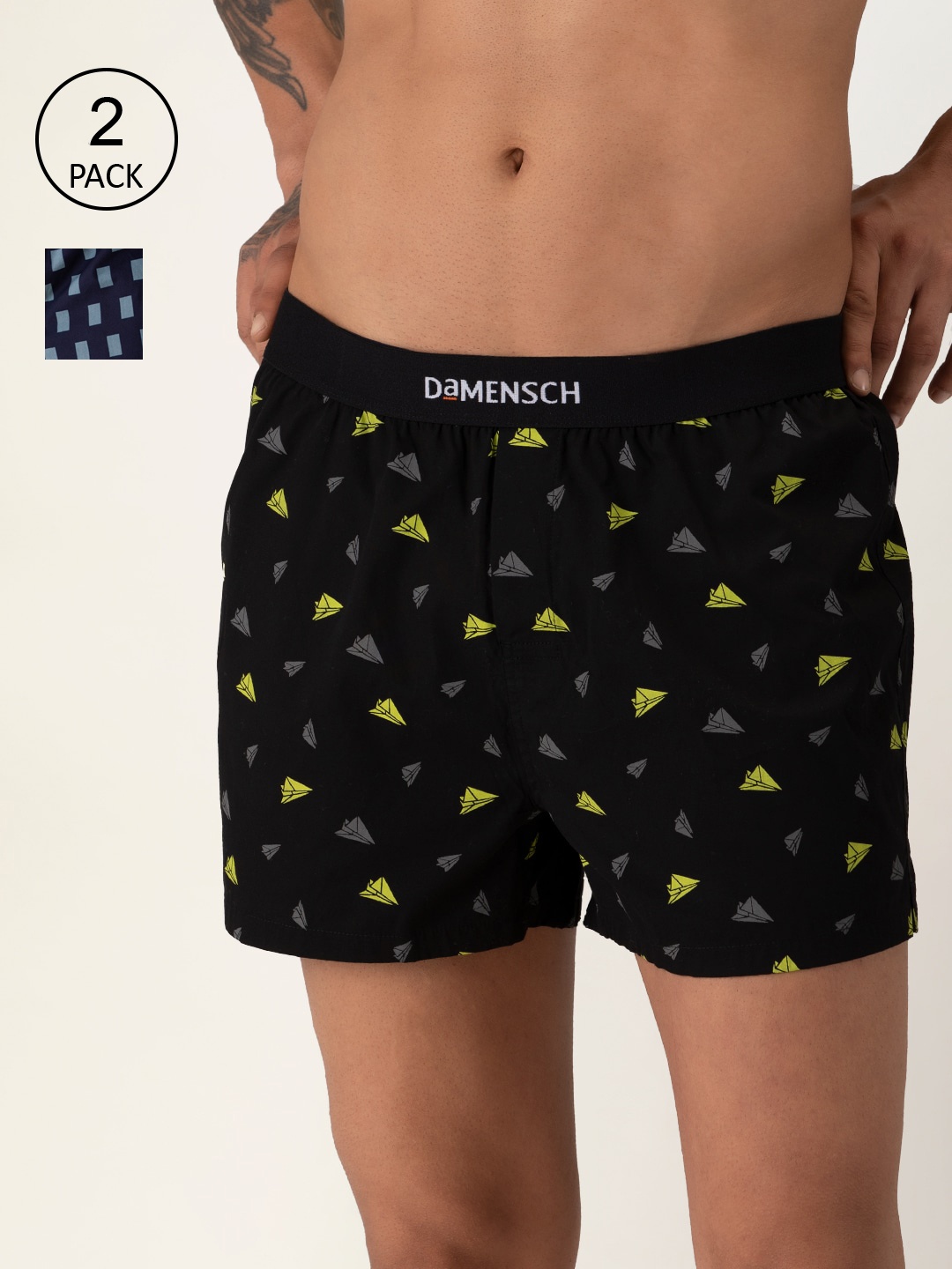 

DaMENSCH Men Pack of 2 Printed Ultra-Light Cotton Regular Fit Inner Boxers, Black