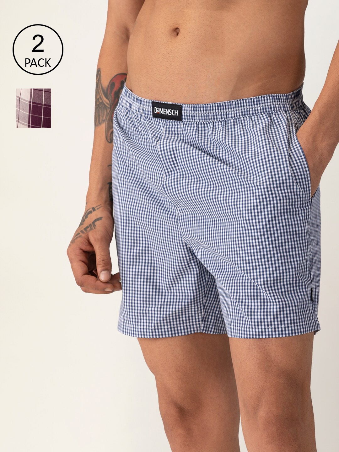 

DAMENSCH Men Pack of 2 Checked Ultra-Light Cotton Boxer Shorts- DAM-CHK-LBX-AN-BAM, Blue