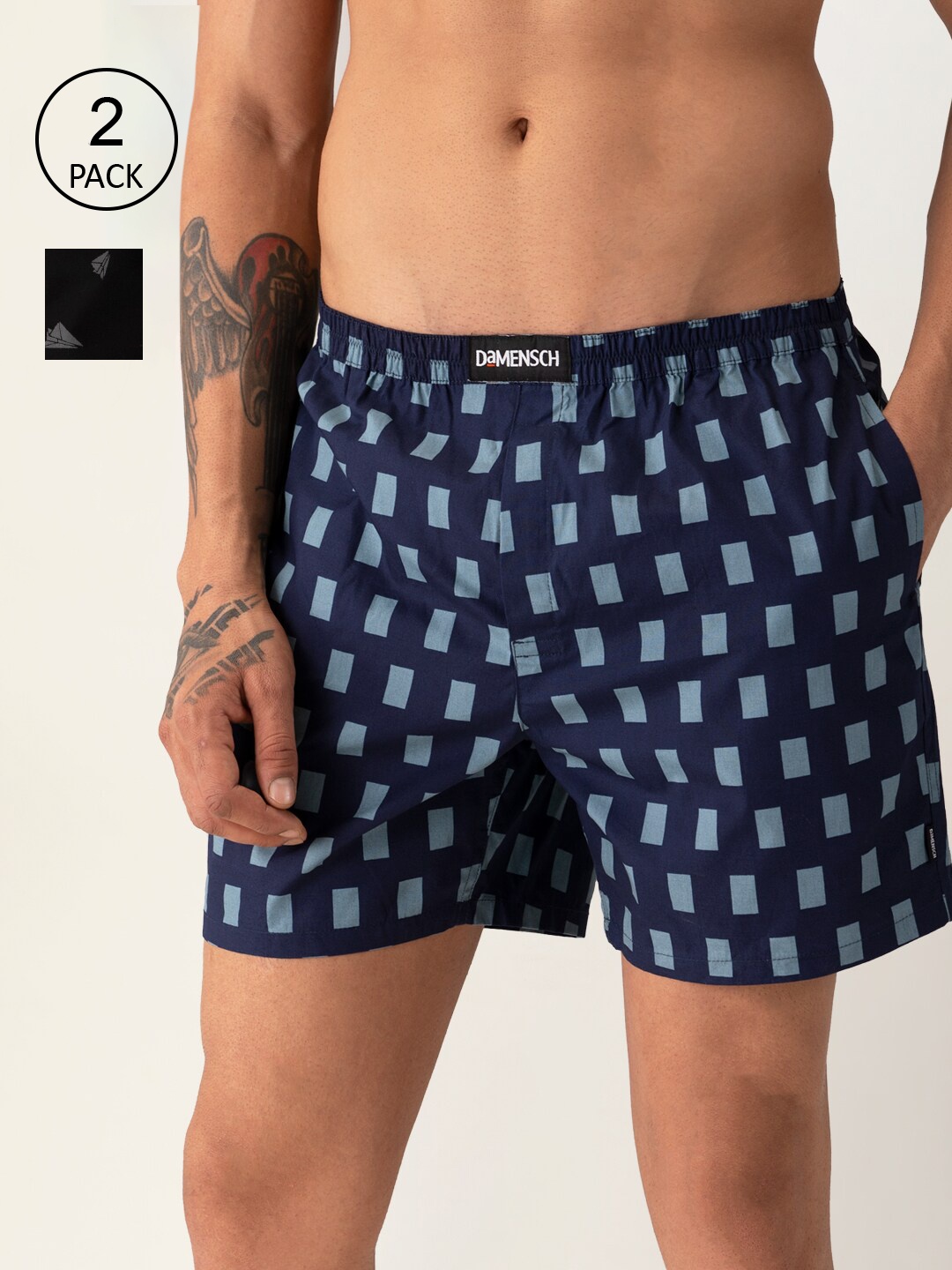 

DAMENSCH Men Breeze Pack of 2 Printed Ultra-Light Cotton Boxer Shorts DAM-PRIN-LBX-MIB-SYB, Black