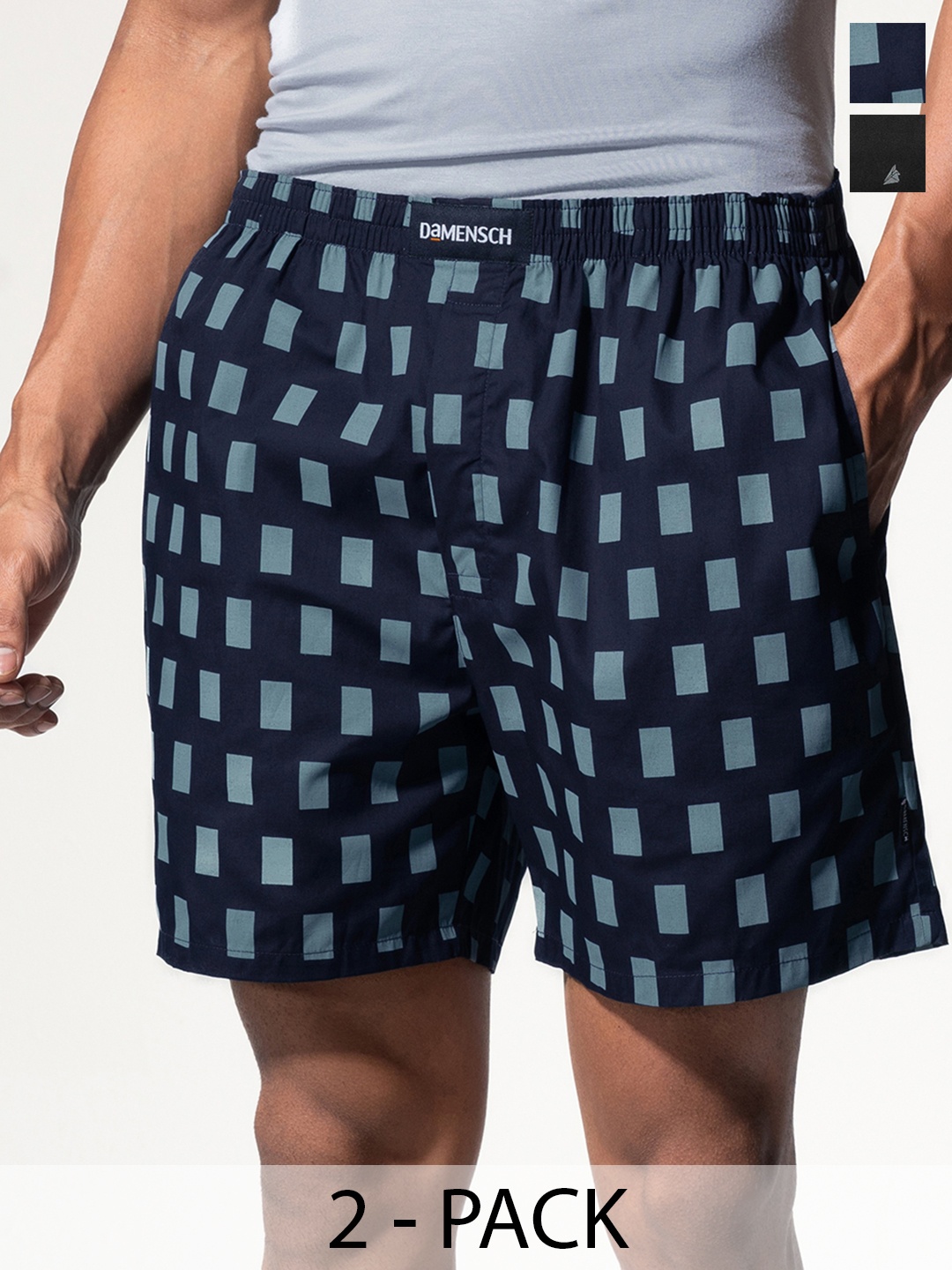 

DAMENSCH Men Breeze Pack of 2 Printed Ultra-Light Cotton Boxer Shorts DAM-PRIN-LBX-MIB-SYB, Black