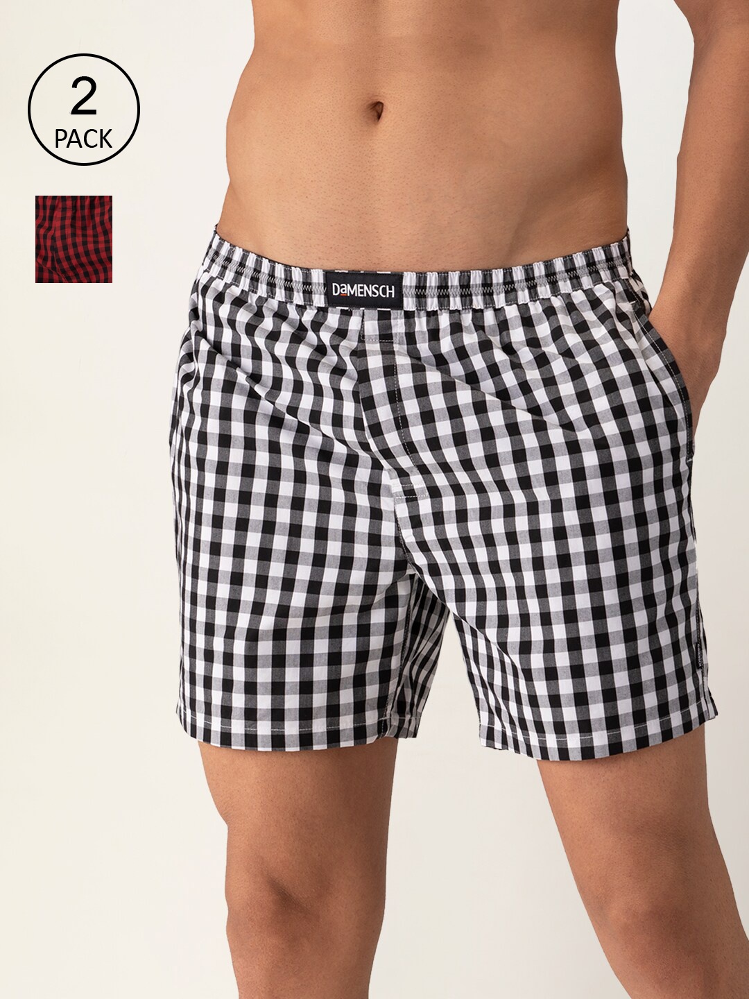 

DAMENSCH Men Pack Of 2 Checked Pure Cotton Boxers, Red