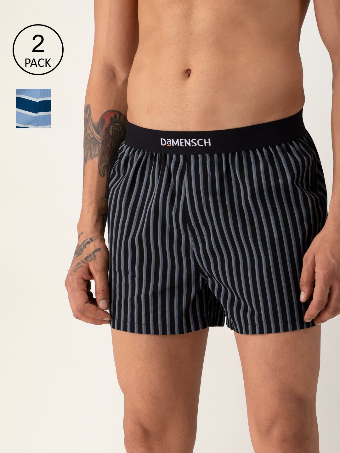 

DAMENSCH Men Pack Of 2 Striped Pure Cotton Boxers, Black