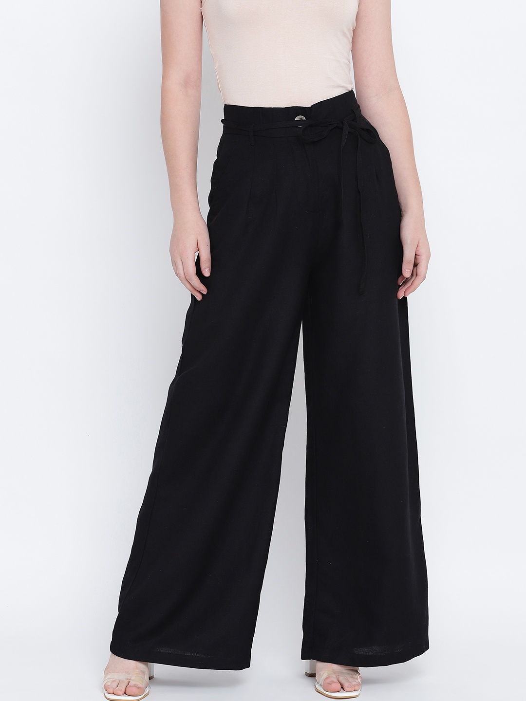 

Oxolloxo Women High-Rise Cotton Parallel Trousers, Black