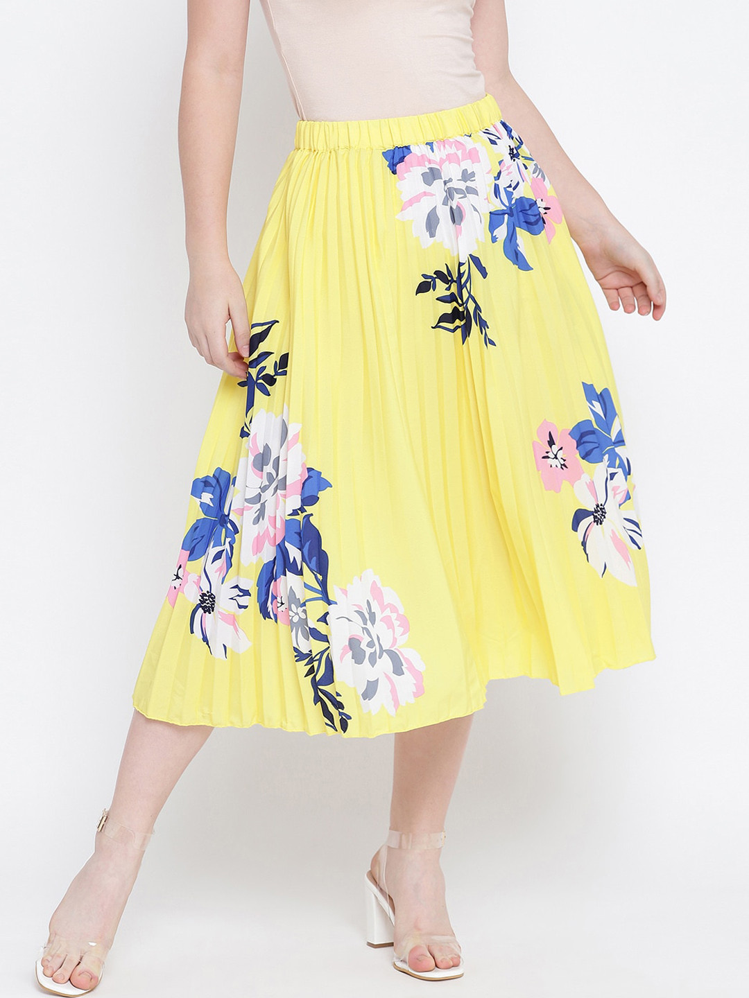 

Oxolloxo Women Yellow & Blue Printed Accordion Pleated A-Line Midi Skirt