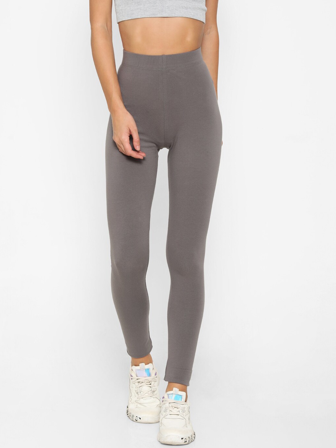 

FOREVER 21 Women Grey Solid Single Jersey Ankle-Length Leggings