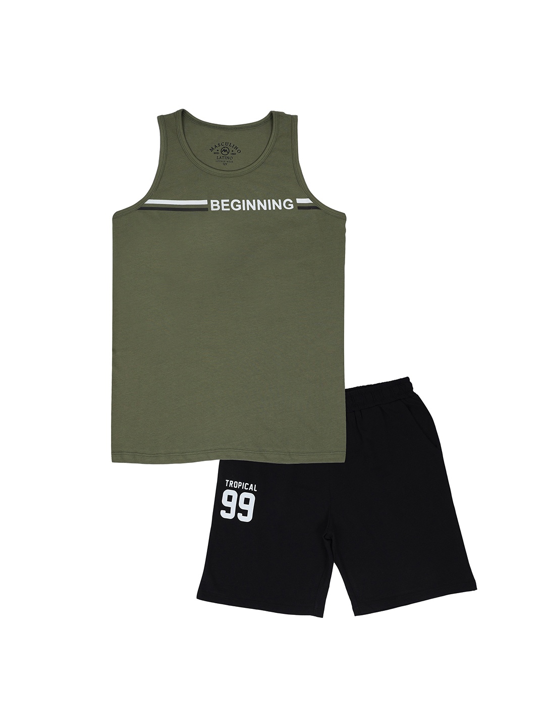 

Masculino Latino Boys Green & Black Printed Pure Cotton T-Shirt With Shorts