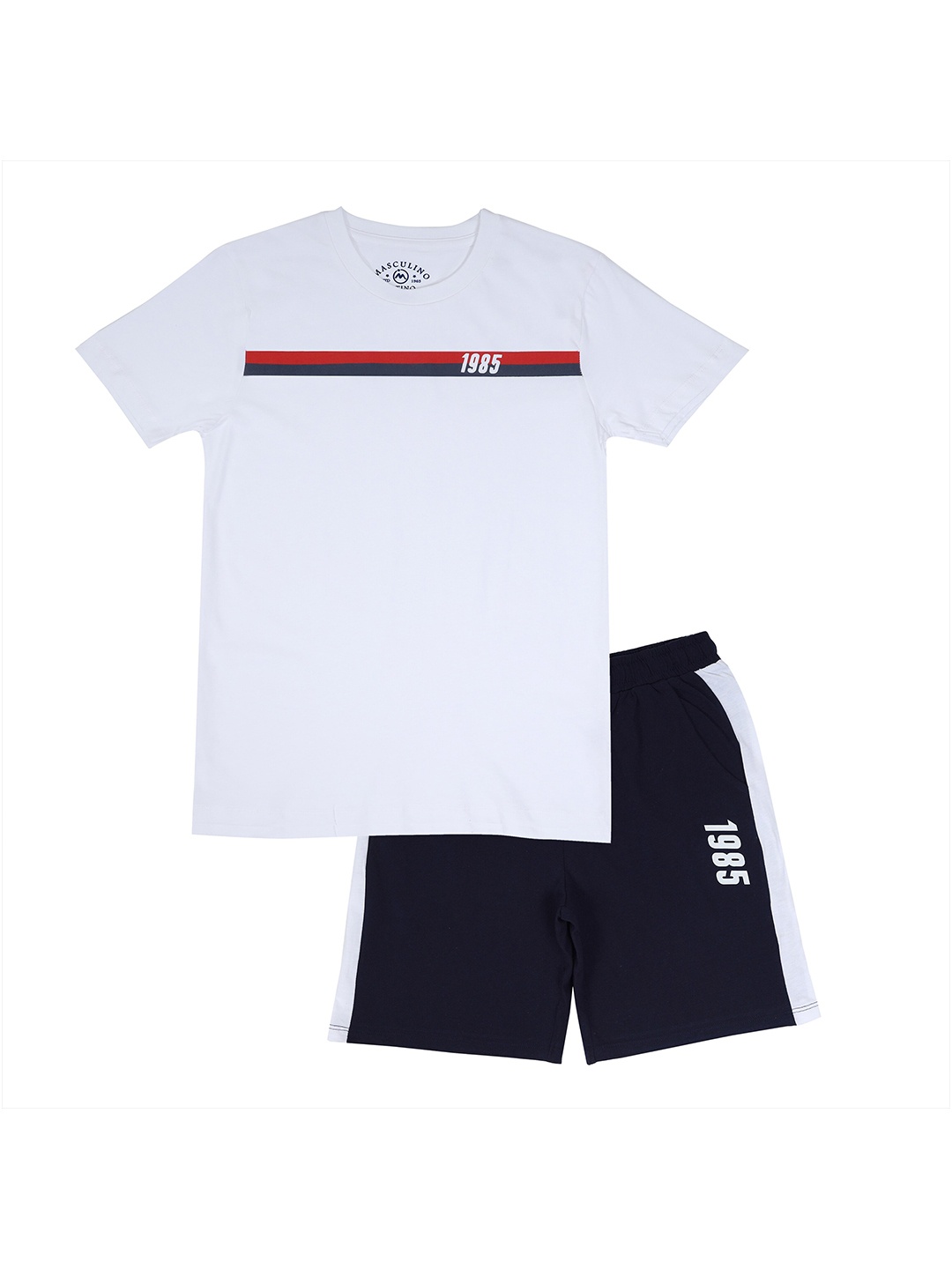 

Masculino Latino Boys White & Navy Blue Printed T-shirt with Shorts
