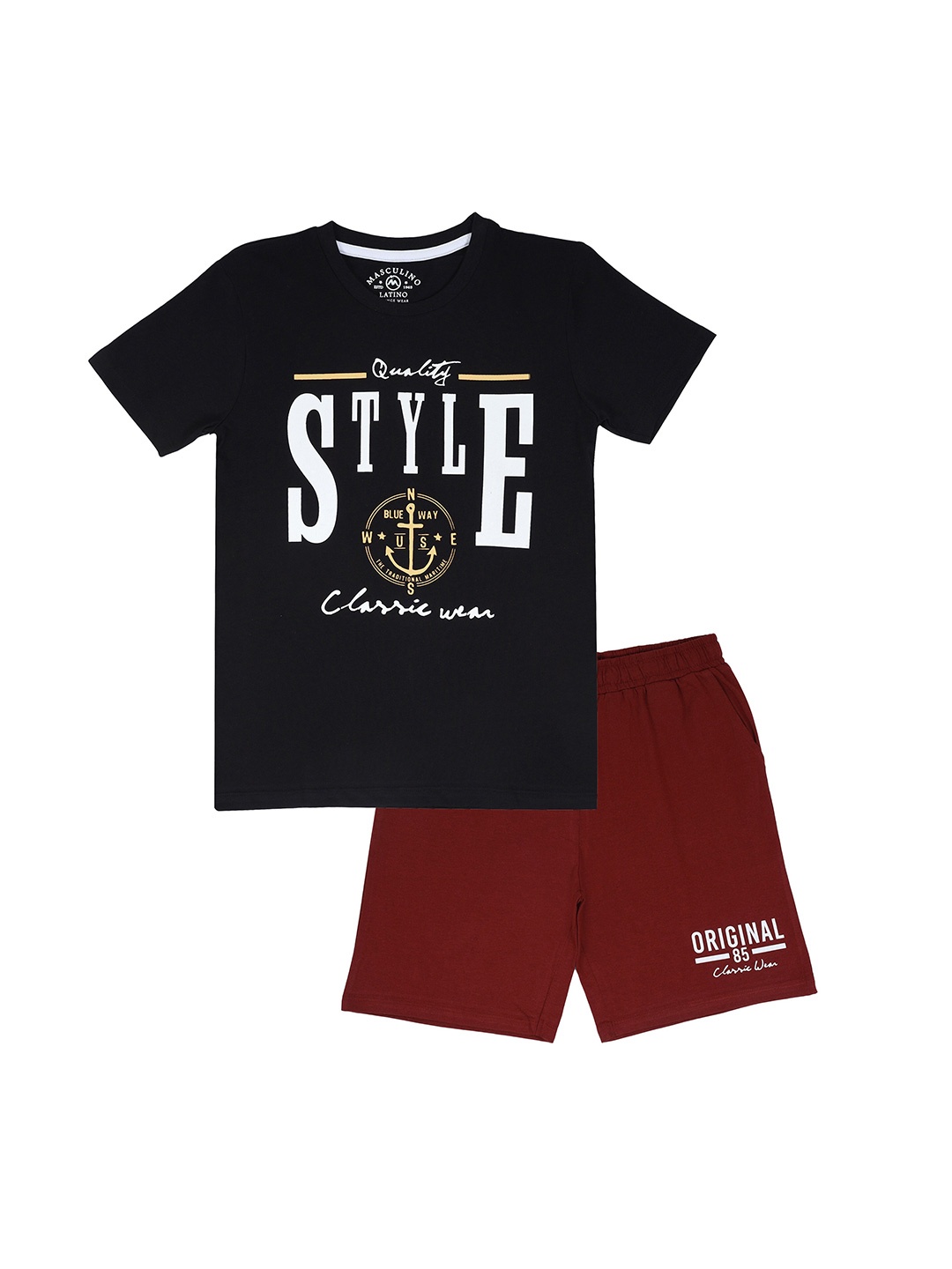 

Masculino Latino Boys Black & Maroon Printed T-shirt with Shorts