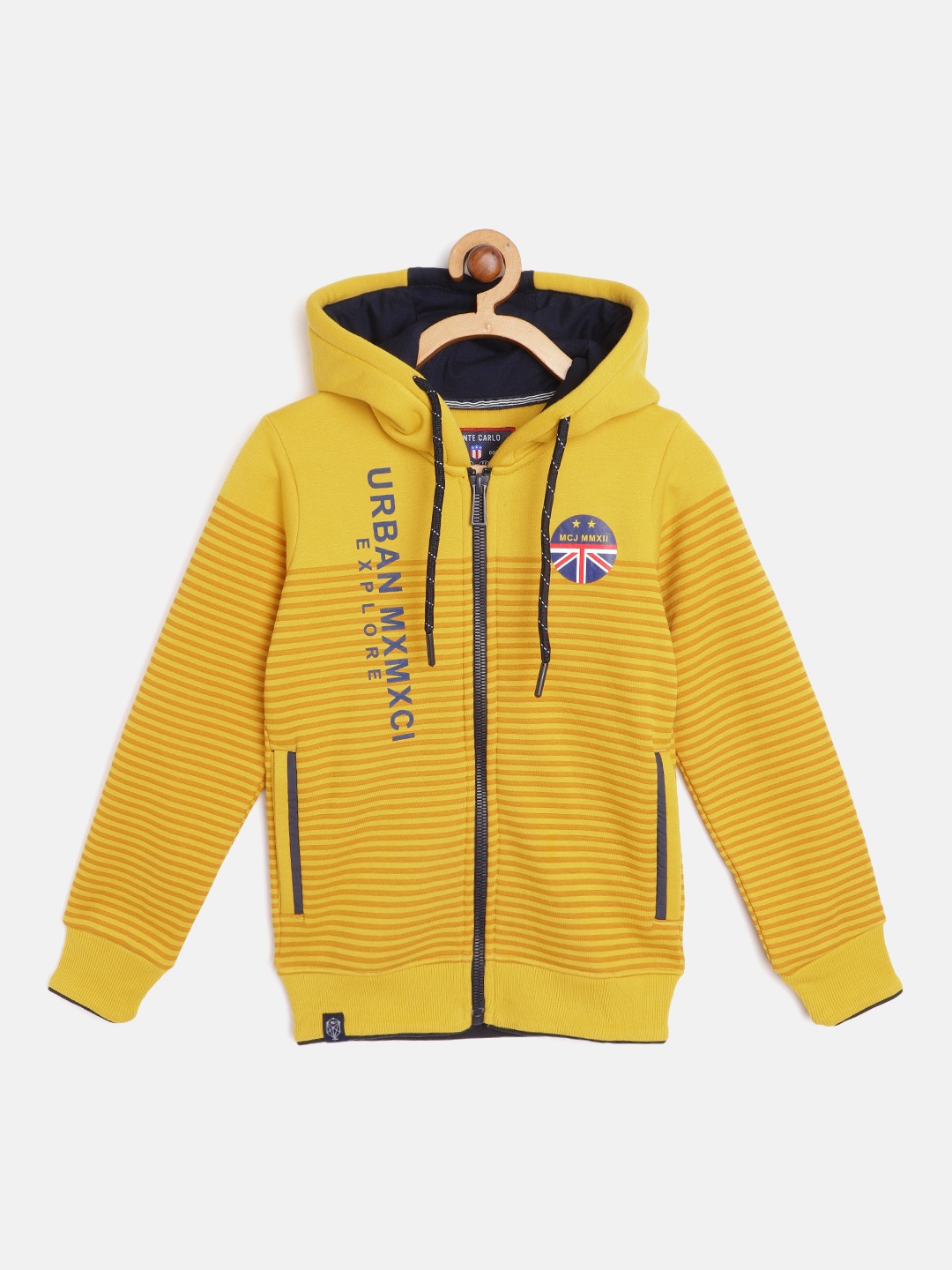

Monte Carlo Boys Mustard Yellow & Navy Blue Striped Hooded Sweatshirt