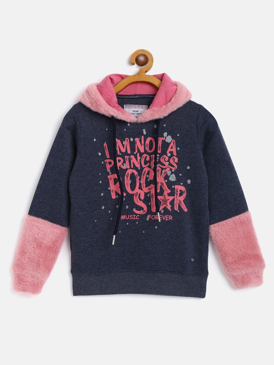 

Monte Carlo Girls Navy Blue & Pink Printed Hooded Sweatshirt with Faux Fur Detail