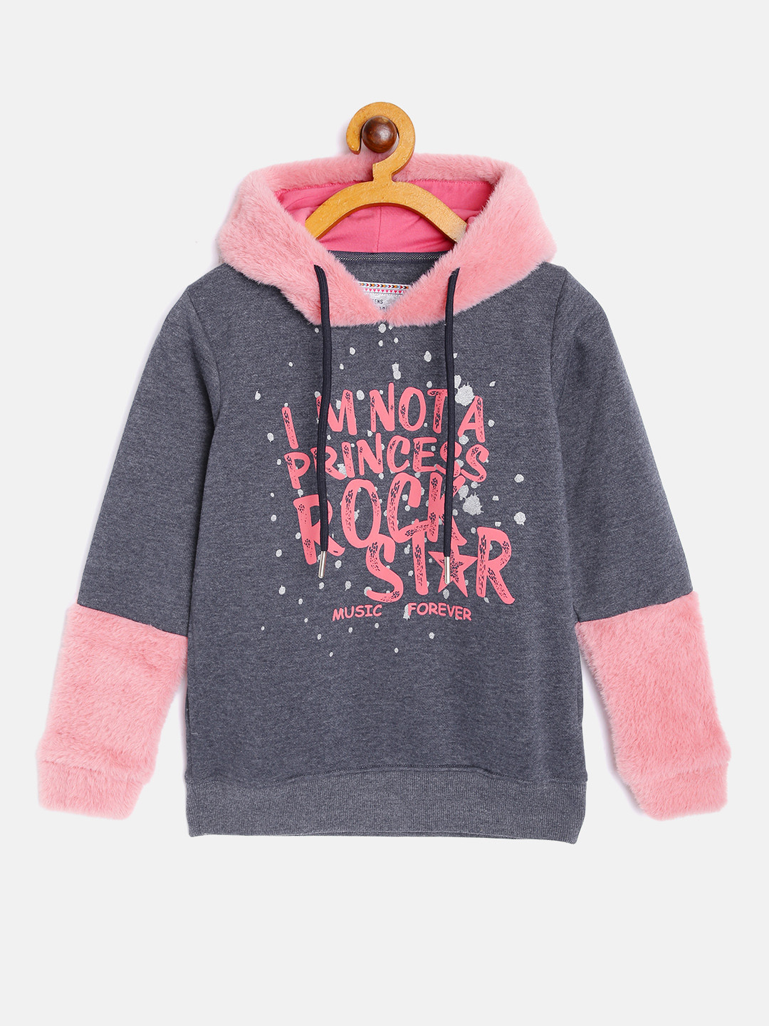 

Monte Carlo Girls Navy Blue & Pink Typography Print Hooded Sweatshirt with Faux Fur Detail