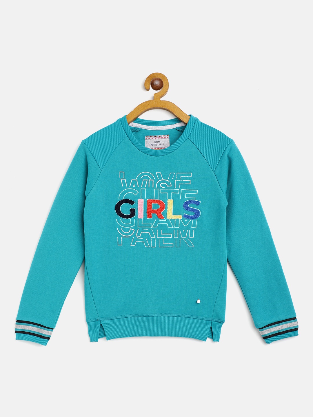 

Monte Carlo Girls Sea Green Typography Applique Sweatshirt with Faux Fur Lining