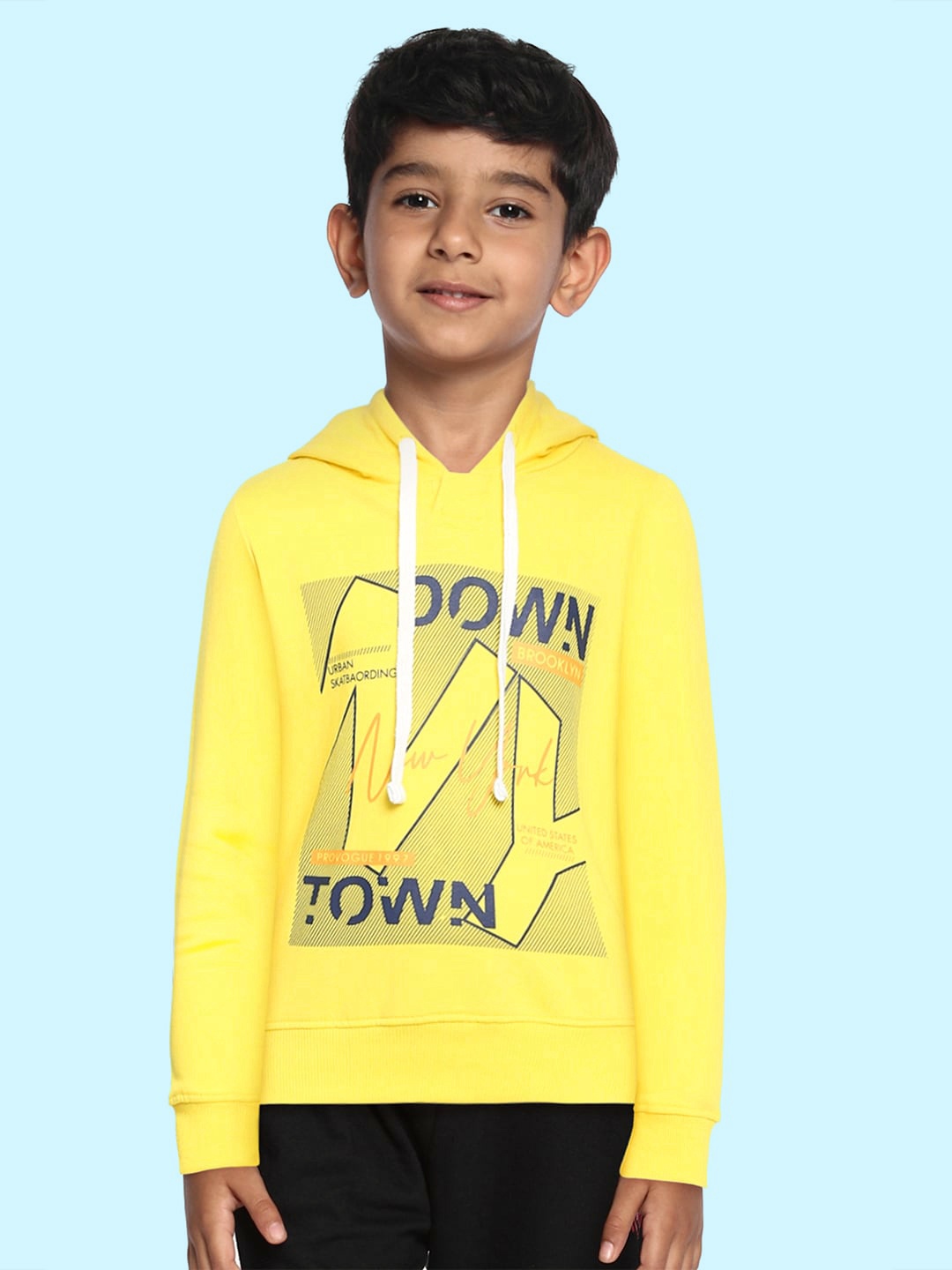 

Provogue Boys Yellow Printed Pure Cotton Hooded Sweatshirt