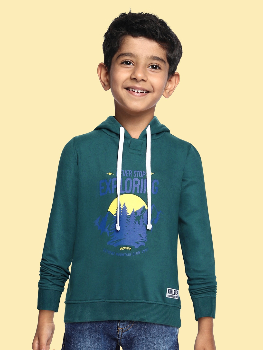 

Provogue Boys Teal Green Typography Printed Cotton Hooded Sweatshirt