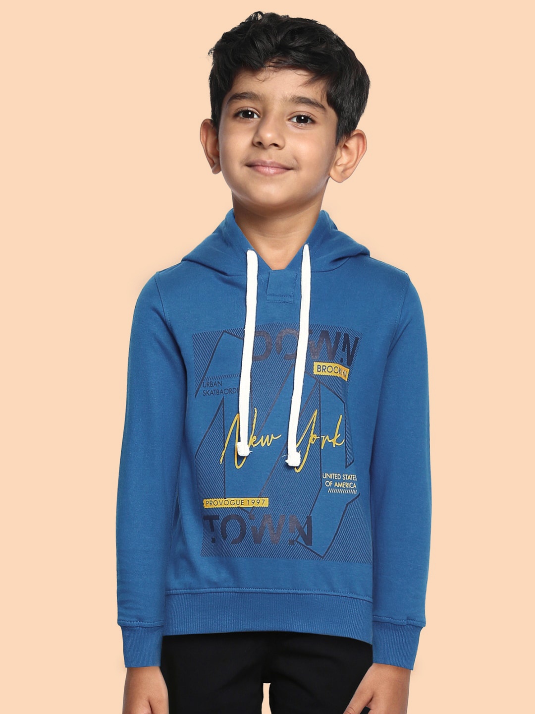 

Provogue Boys Blue Printed Pure Cotton Hooded Sweatshirt