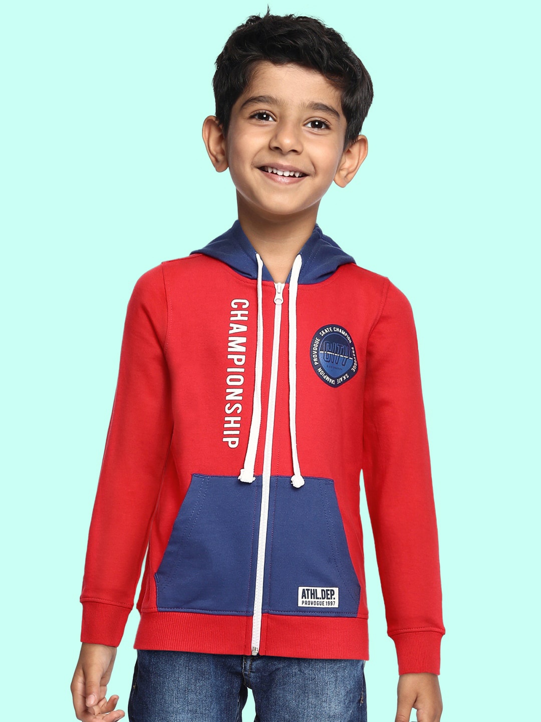 

Provogue Boys Red Printed Pure Cotton Hooded Sweatshirt