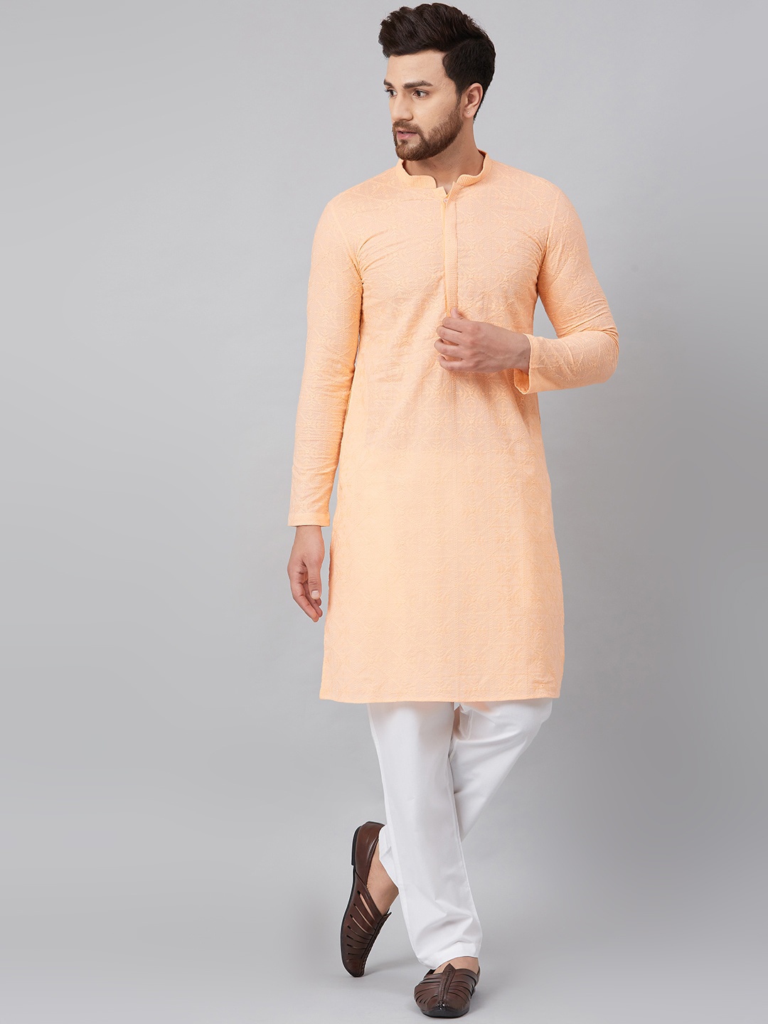 

See Designs Men Peach-Coloured Thread Work Kurta