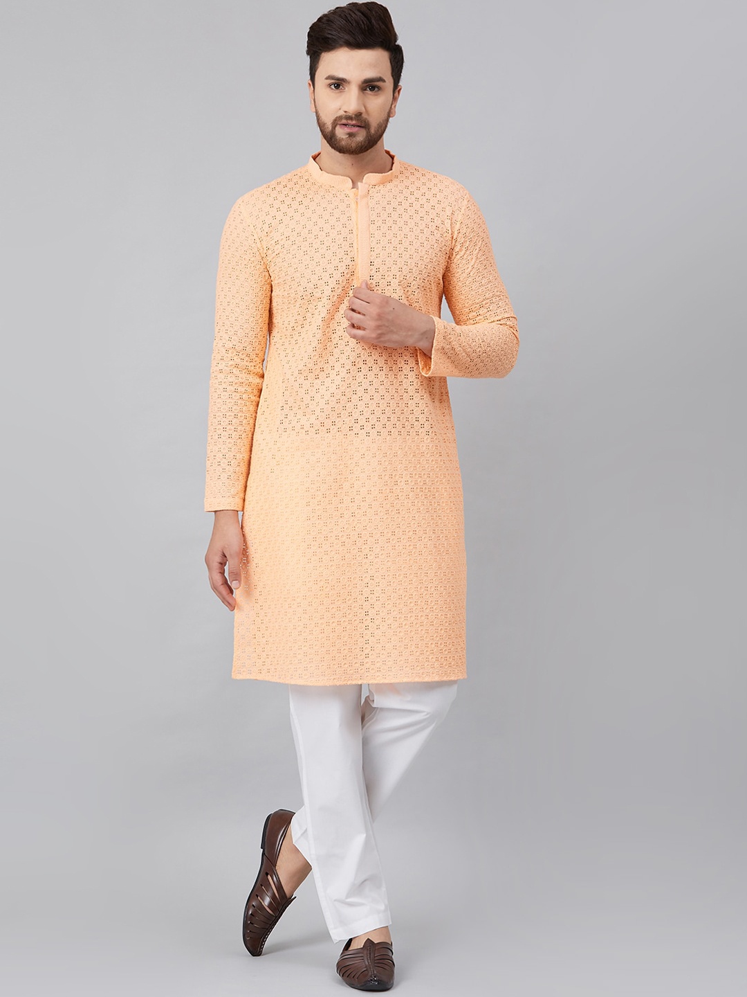 

See Designs Men Peach-Coloured Geometric Thread Work Kurta