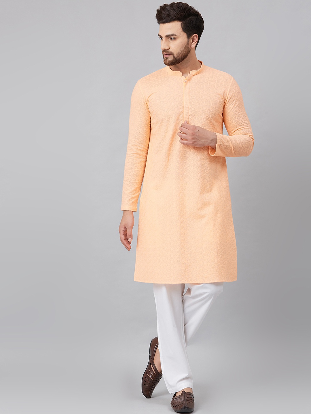 

See Designs Men Peach-Coloured Thread Work Kurta