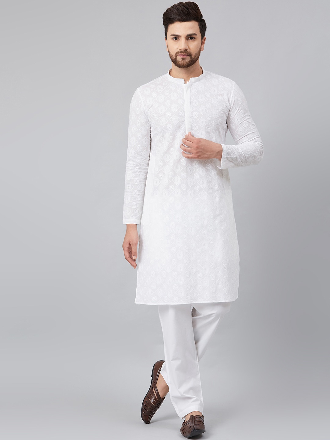 

See Designs Men White Thread Work Kurta
