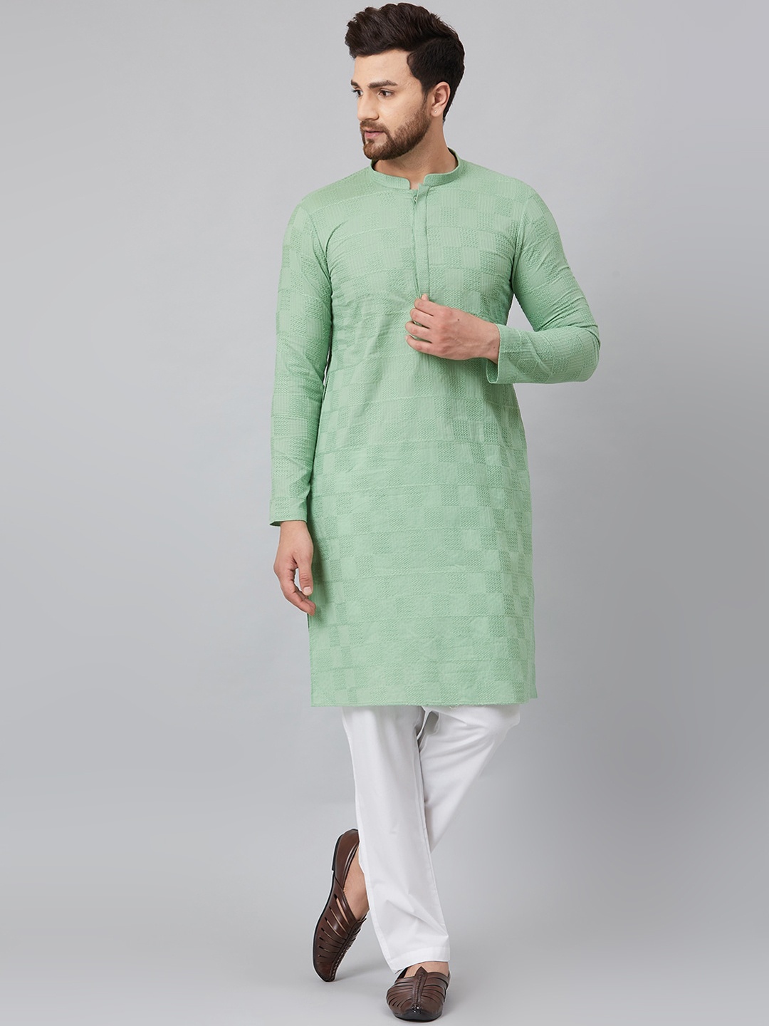 

See Designs Men Green Thread Work Kurta