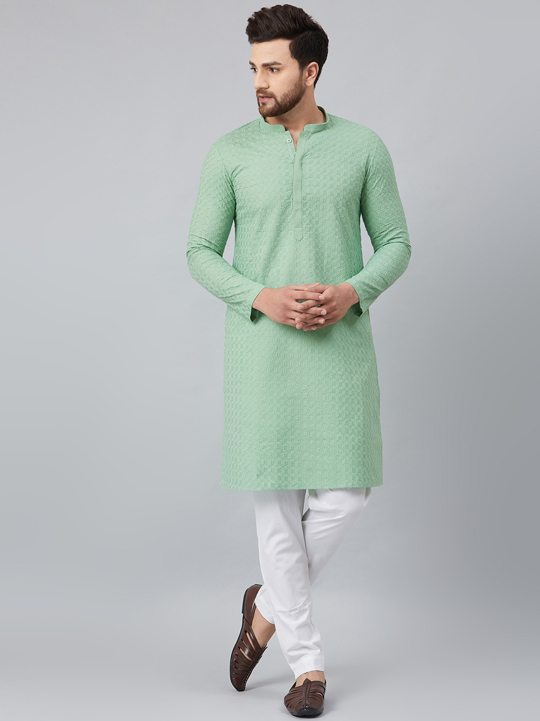 

See Designs Men Green Thread Work Kurta
