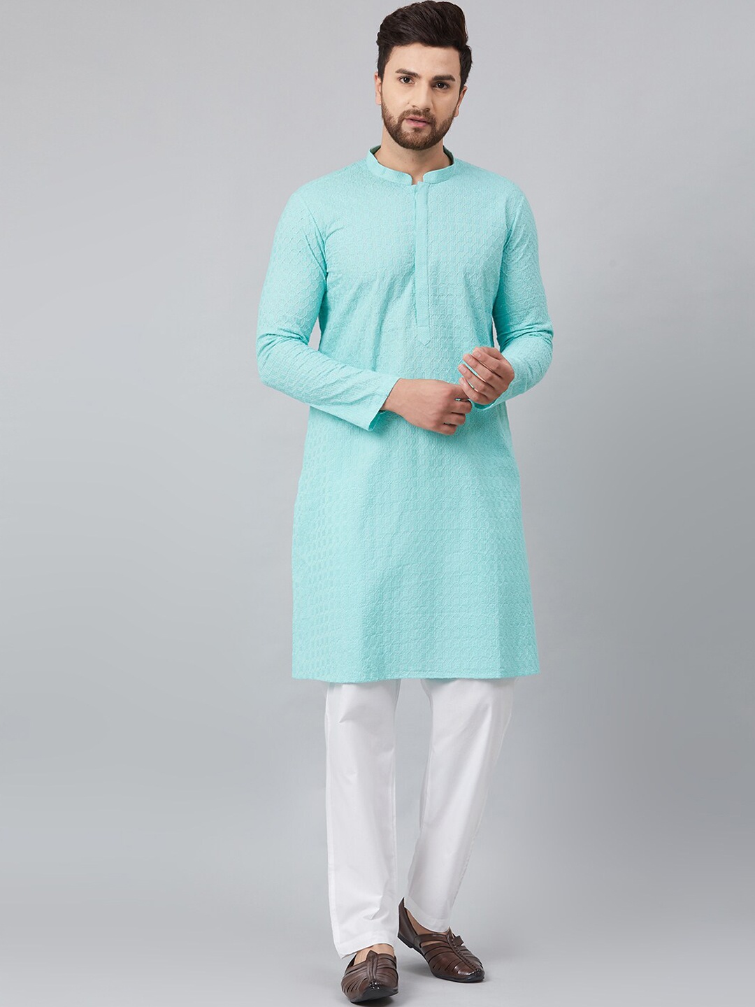 

See Designs Men Turquoise Blue Thread Work Kurta