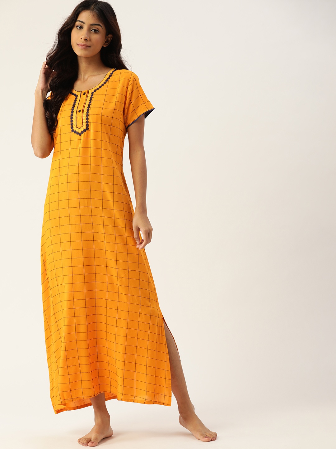 

ETC Mustard Yellow & Navy Blue Checked Maxi Nightdress