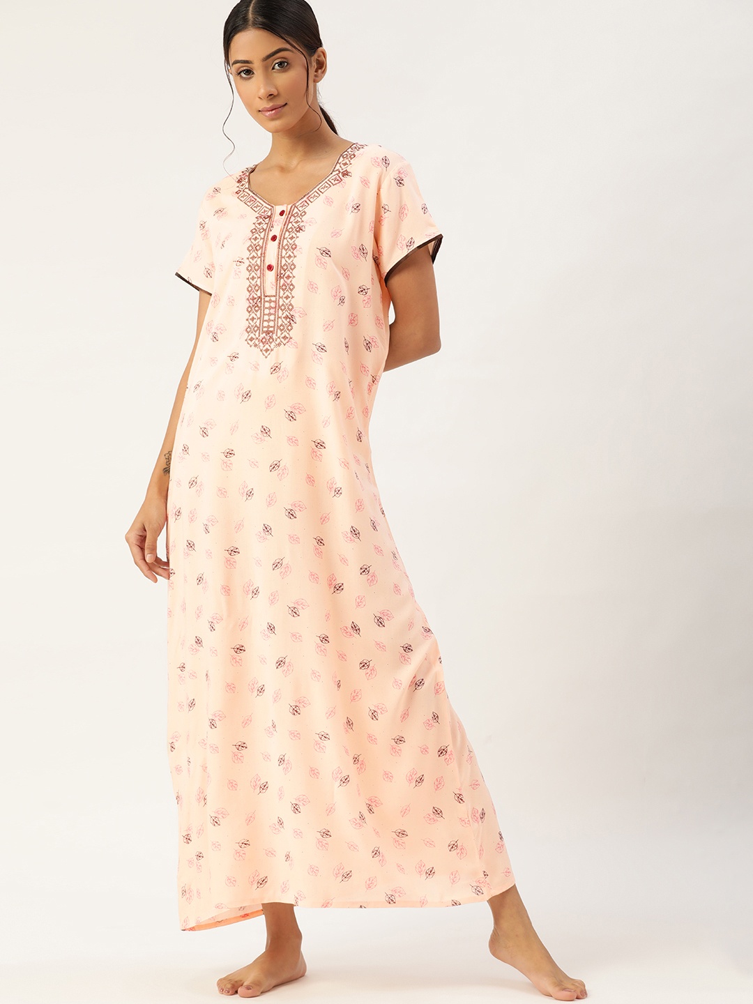 

ETC Peach-Coloured Printed Maxi Nightdress