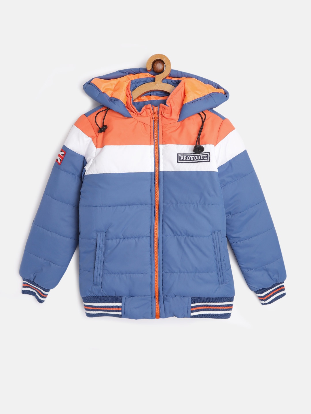 

Provogue Boys Blue & Orange Colourblocked Bomber Jacket with Applique Detail