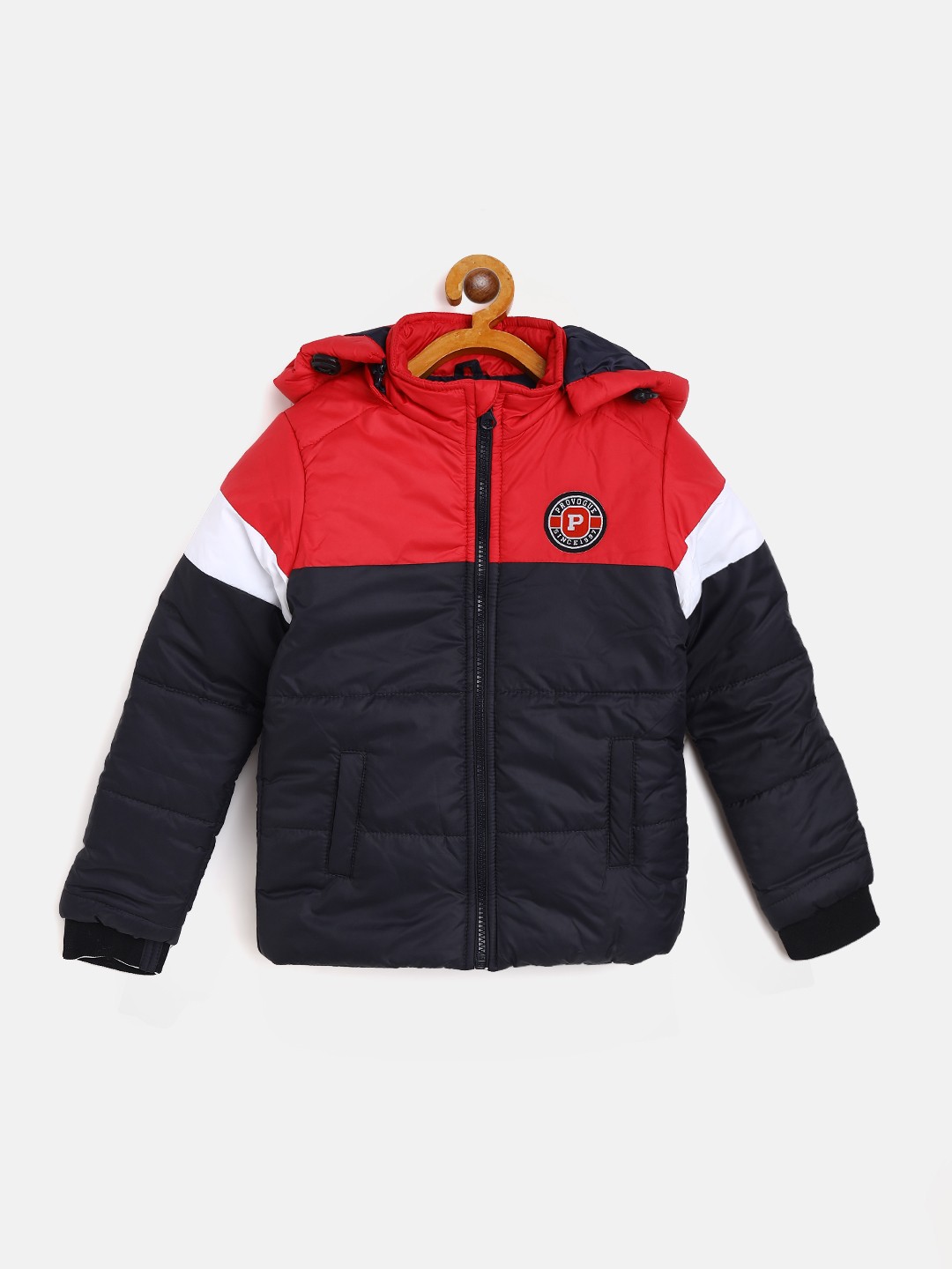 

Provogue Boys Red & Navy Blue Colourblocked Padded Jacket with Detachable Hood