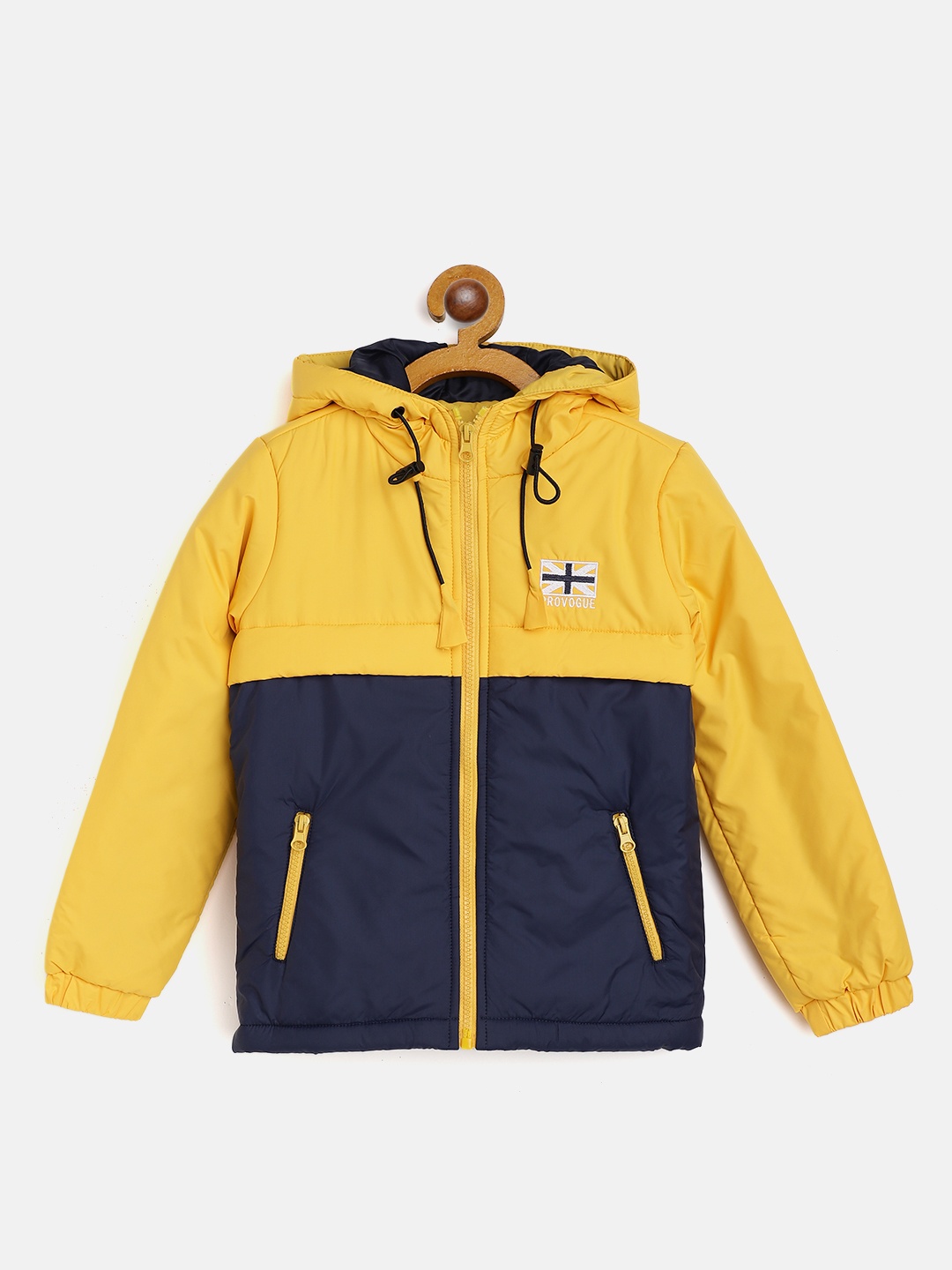 

Provogue Boys Mustard Yellow & Navy Blue Colourblocked Padded Jacket