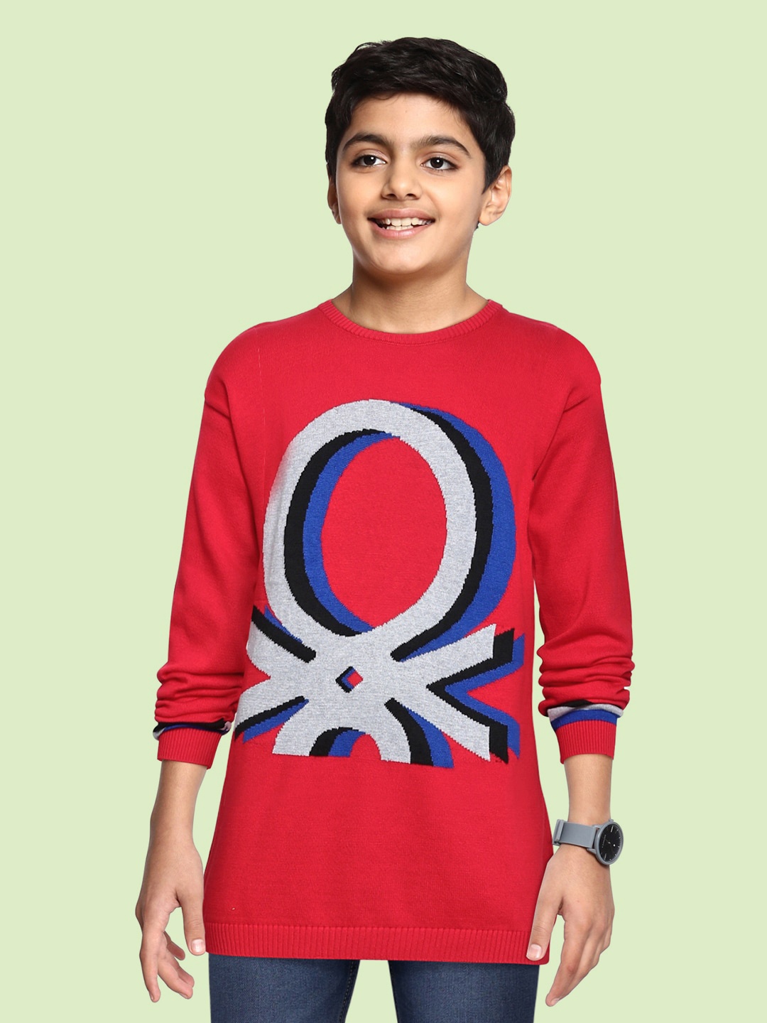

United Colors of Benetton Boys Red & Grey Pullover with Brand Logo Print dDetail