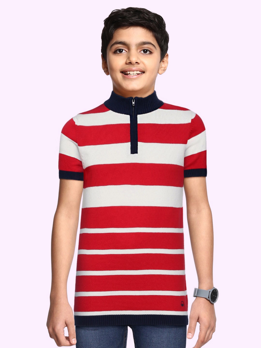 

United Colors of Benetton Boys Red & White Striped Pure Cotton Pullover