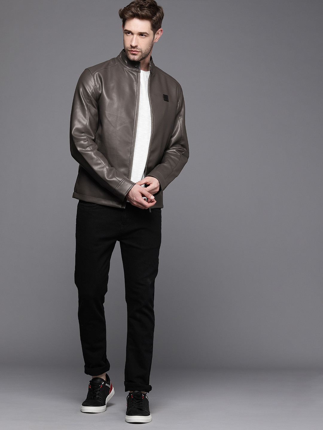 

WROGN Men Charcoal Grey Solid Biker Jacket